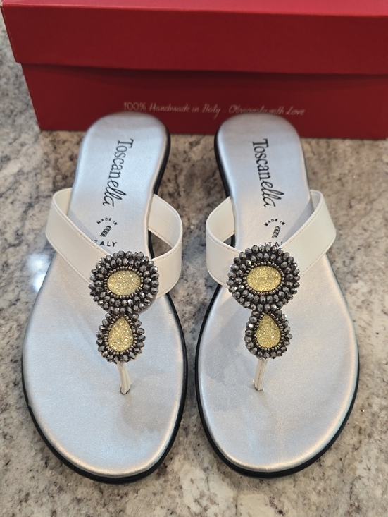 Toscanella Shoes - Toscanella White Crystal-Accent Thong Sandals
